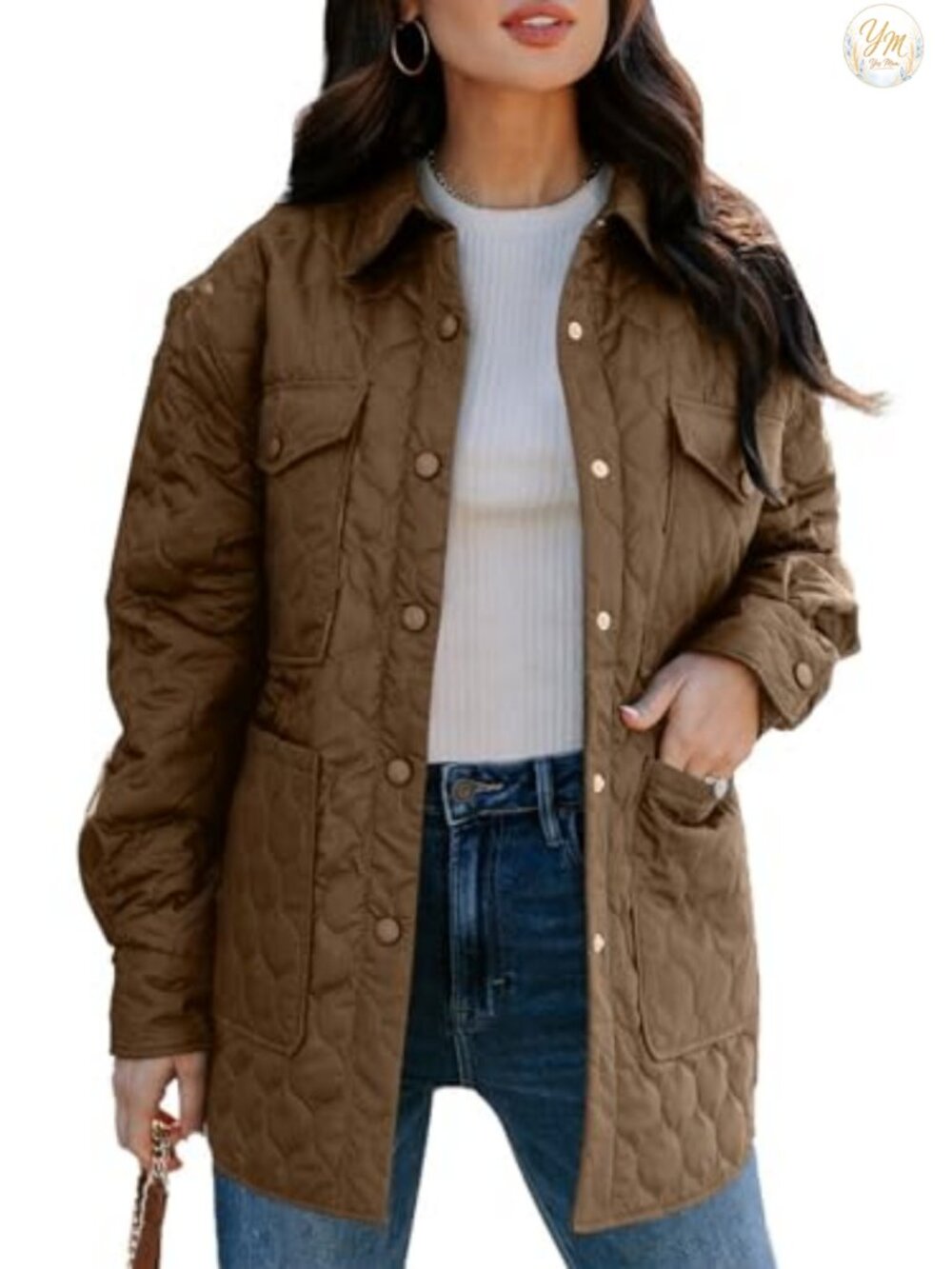 Womens Lightweight Diamond Quilted Puffer Jacket Button Down Collar Coat